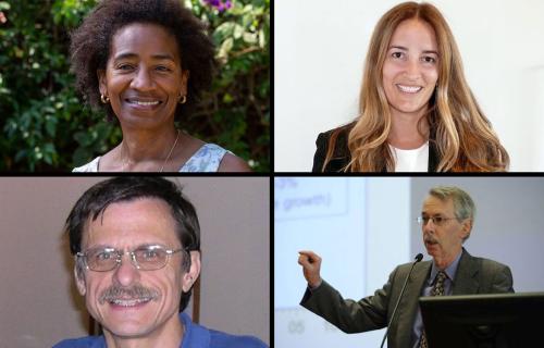 Collage, clockwise from top left, of Marilyn Raphael, Heather Maynard, Edward Leamer and Sorin Popa