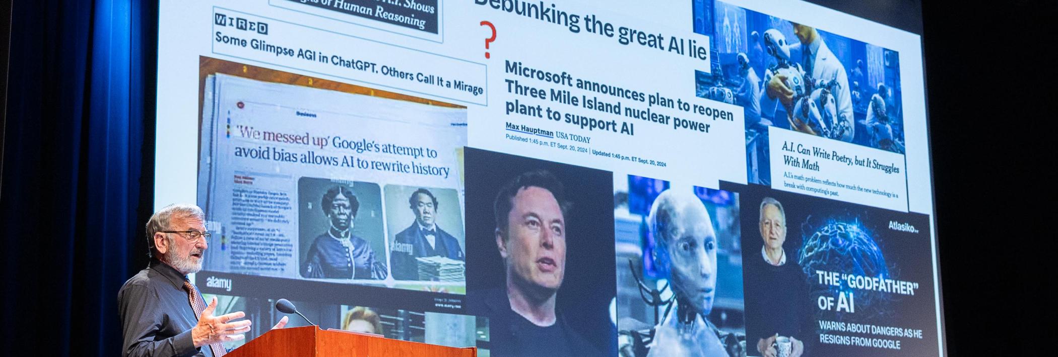 Keith Holyoak presenting slide 1 showcasing different article headlines