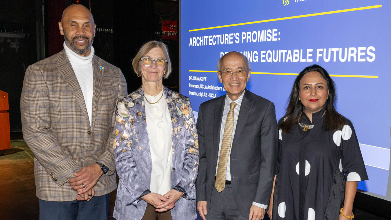 EVCP Darnell Hunt, Professor Dana Cuff,VC for ORCA Roger Wakimoto, and Professor Ananya Roy at 135th FRL event.png